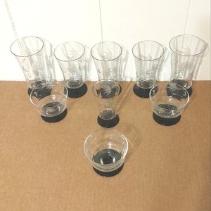Vtg Weston Glass Louis Panel Etched Floral Optic Black Footed Drinkware set of 9